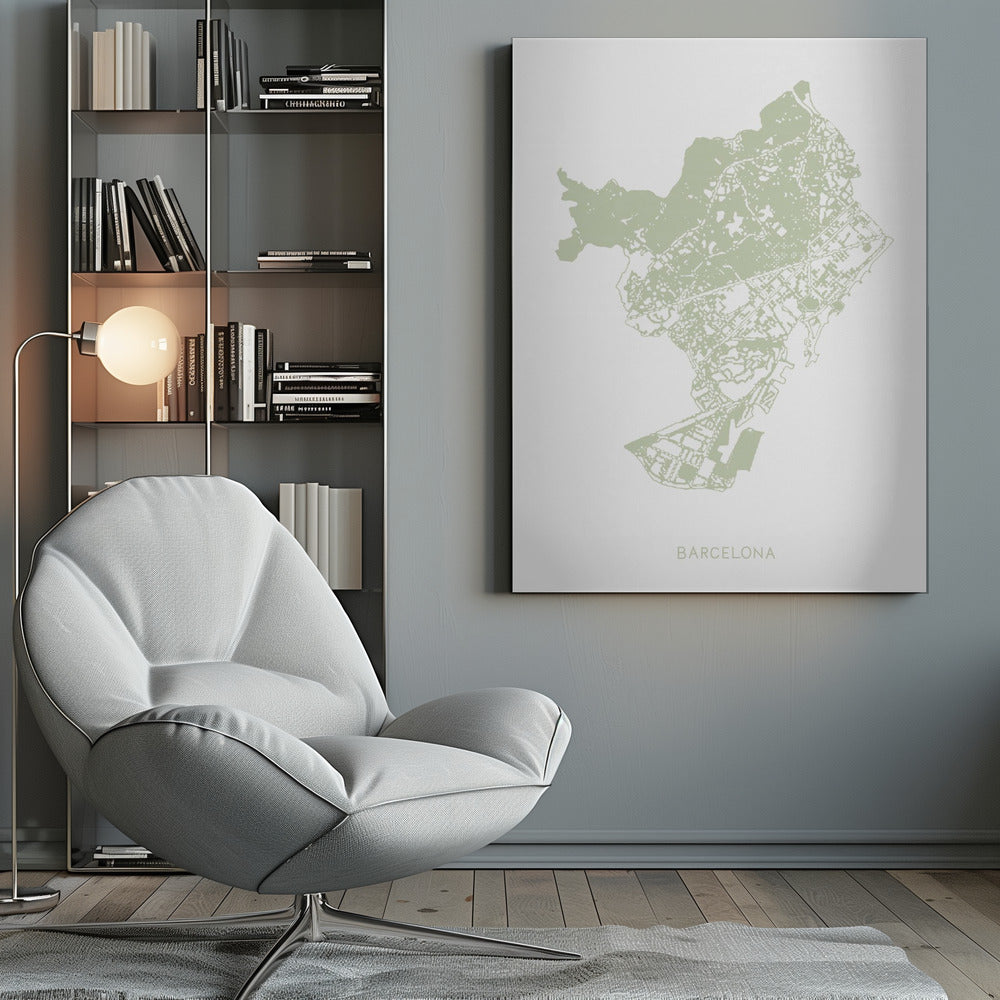 A minimalist art print of a Barcelona city map, rendered in a pale sage green on a white background. The print is framed in a simple black frame, with the city's name 'BARCELONA' typed at the bottom. Poster