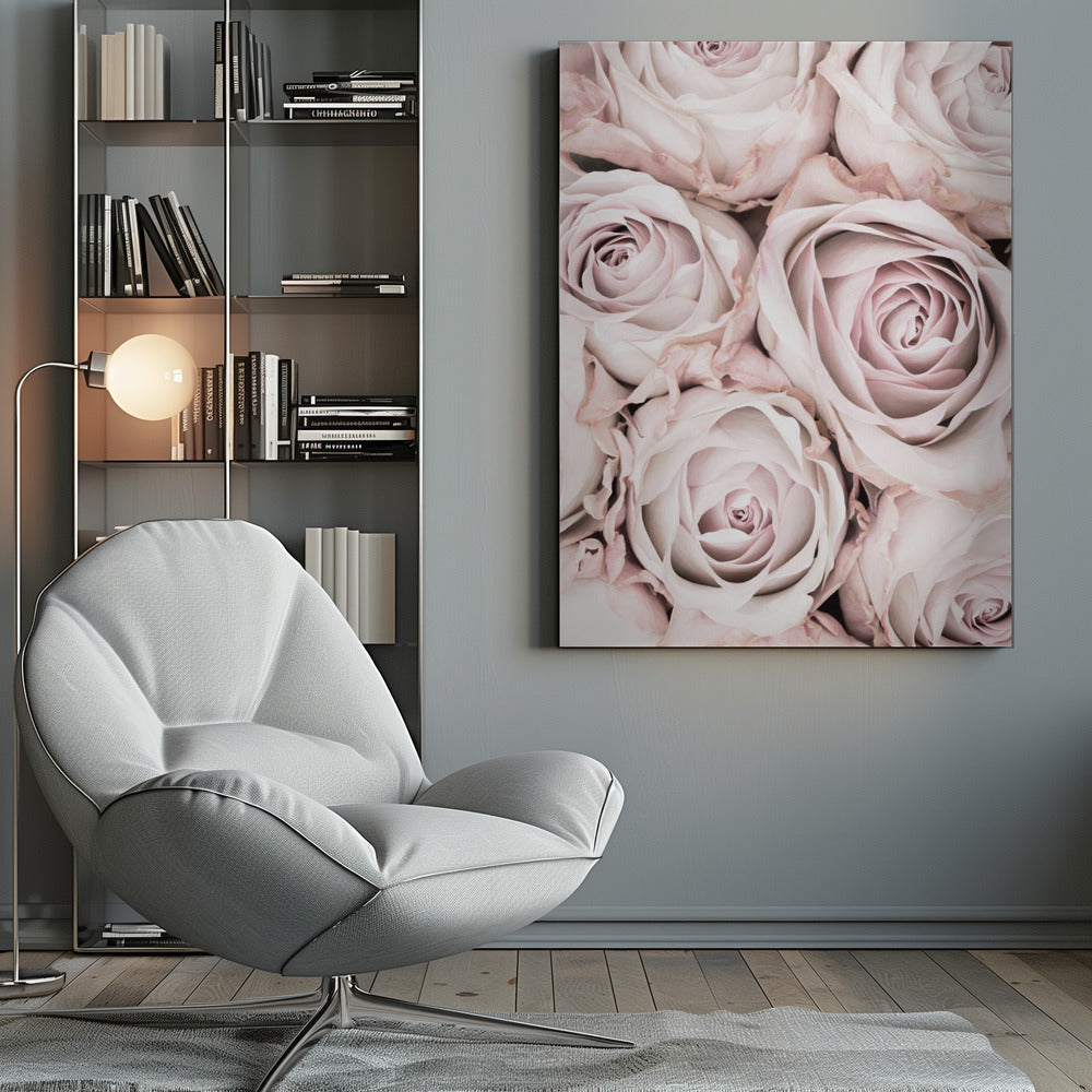 A close-up, overhead photograph of a dense bouquet of dusty pink roses with delicate, layered petals, all framed in black. Wall Art