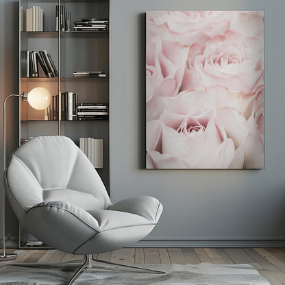 A close-up, soft-focus photograph of a bouquet of delicate, light pink roses filling the entire frame, enclosed in a simple black border. Poster