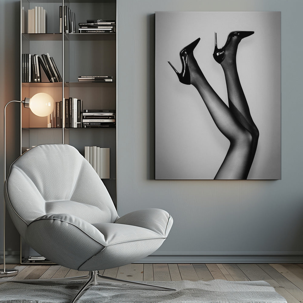 A black and white photograph of a woman's legs in the air, wearing sheer black stockings and shiny black stiletto high heels against a plain grey background. Poster