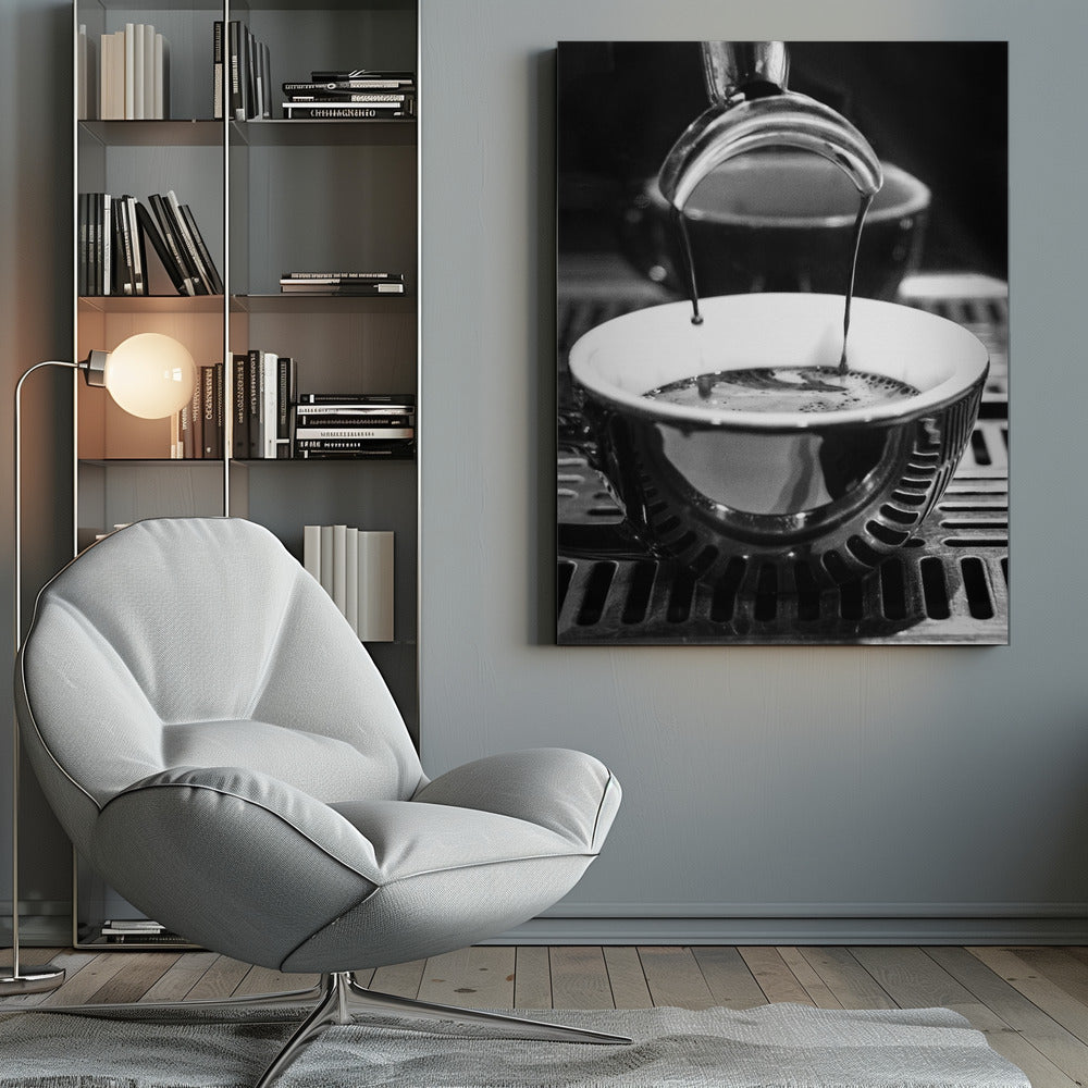 A close-up, black and white artistic photograph capturing the moment two streams of dark espresso pour from a portafilter into a waiting cup on a coffee machine's drip tray. Wall Art