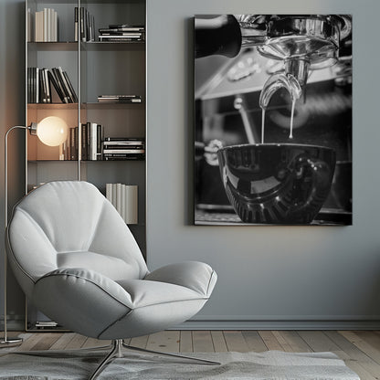 A close-up, black and white photograph of an espresso machine pouring two streams of fresh coffee from a chrome portafilter into a dark, glossy cup. Print