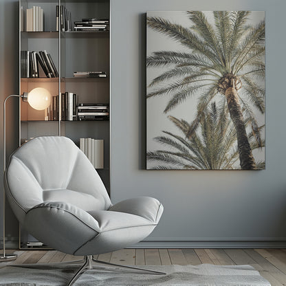 A framed, low-angle photograph of a tall palm tree with a textured brown trunk and sprawling green fronds set against a pale, overcast sky. Wall Art