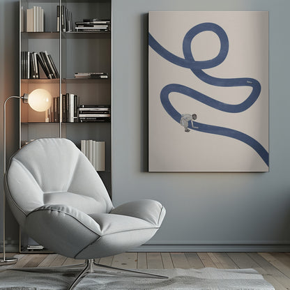 A minimalist collage artwork featuring a thick, winding blue path on a textured beige background. In the lower half, a small child is shown leaning over and appearing to paint the blue path with a roller, creating a surreal and imaginative scene. The artwork is presented in a thin black frame. Decor