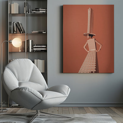 A surrealist collage featuring a woman whose dress and hat are made from a skyscraper, posing with hands on her hips against a grainy orange background within a black frame. Artwork