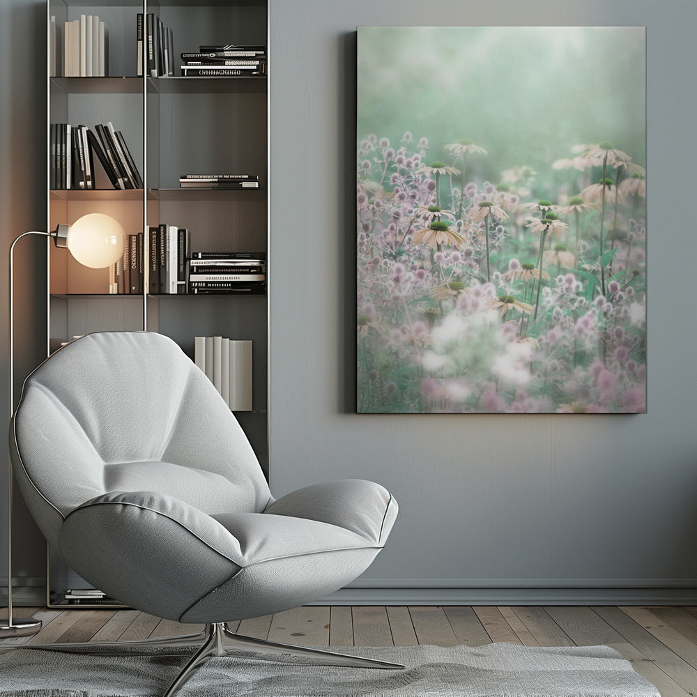 A soft-focus, dreamy photograph of a field of wildflowers, including pale coneflowers with green centers and fuzzy pink thistles, set against a hazy, light green background, creating an ethereal and serene atmosphere. The image is shown within a thin black frame. Poster
