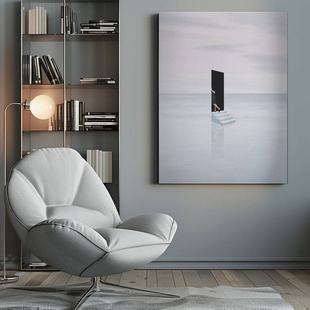 A surreal, minimalist artwork depicting a woman in a dark dress stepping through a freestanding black rectangular doorway. The doorway sits atop a small set of white stairs, which are placed in the middle of a vast, tranquil, light grey expanse where the horizon between a calm sea and a cloudy sky is barely visible. The stairs cast a faint reflection on the glossy white surface below. Print