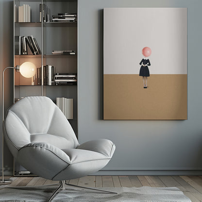 A surrealist artwork of a woman in a black dress, whose head is replaced by a pink balloon. She stands against a background horizontally divided into off-white on top and sandy brown on the bottom. Print