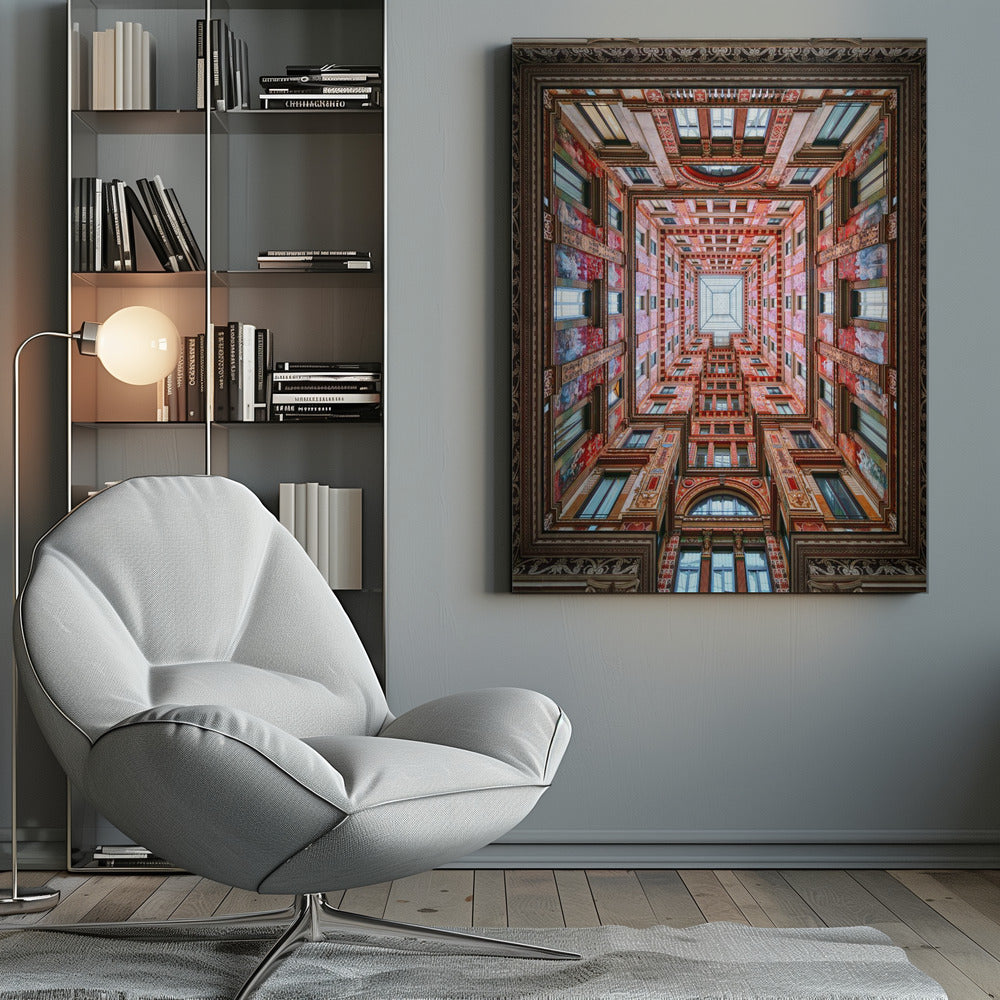 A symmetrical, worm's-eye view looking up through the center of an ornate, multi-story courtyard. The red and gold walls are covered in intricate details and frescoes, receding into the distance towards a square glass skylight. The entire artwork is presented within a decorative dark brown frame. Artwork