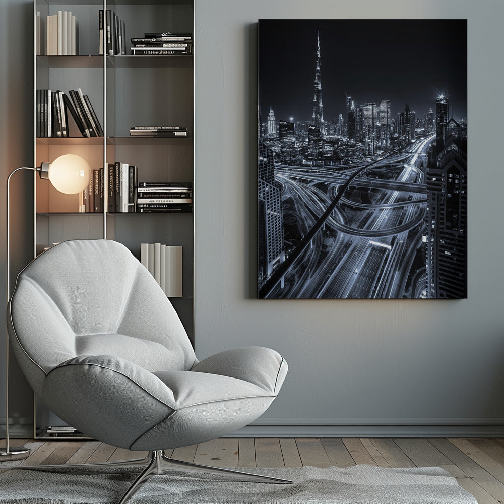 A cool-toned black and white photograph of the Dubai skyline at night. The iconic Burj Khalifa stands tall in the background, while the foreground is dominated by a massive, complex highway interchange with light trails from moving cars, creating a sense of motion and modernity. Poster