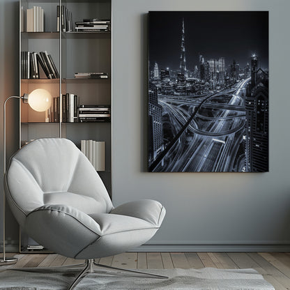 A cool-toned black and white photograph of the Dubai skyline at night. The iconic Burj Khalifa stands tall in the background, while the foreground is dominated by a massive, complex highway interchange with light trails from moving cars, creating a sense of motion and modernity. Poster