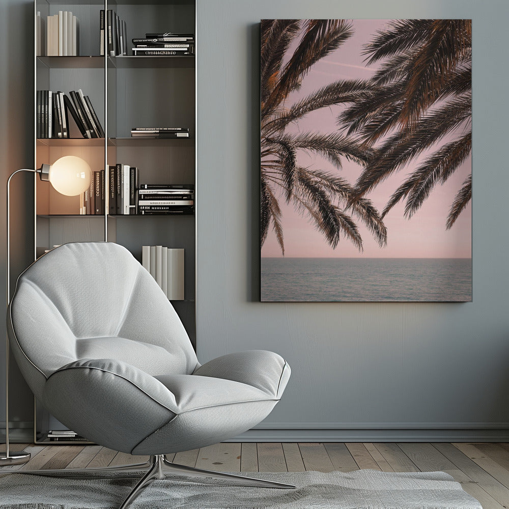 Dark palm tree fronds hang over a calm teal ocean under a soft pink sky, creating a serene and tropical atmosphere. The view is from under the palm tree looking out towards the water. Artwork