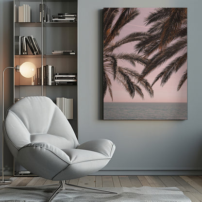 Dark palm tree fronds hang over a calm teal ocean under a soft pink sky, creating a serene and tropical atmosphere. The view is from under the palm tree looking out towards the water. Artwork