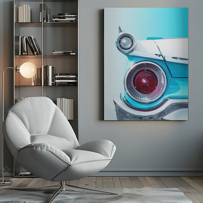 A close-up, framed photograph of the tail fin of a vintage turquoise and white car. The focus is on the large, round, red taillight and the smaller chrome-encased light on the fin, set against a solid light blue background. Poster