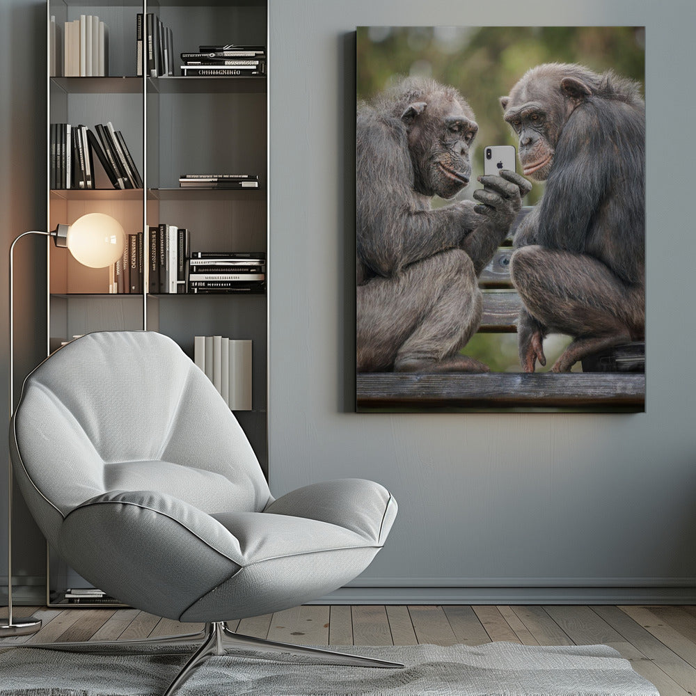 A humorous photo of two chimpanzees sitting on a wooden bench, looking intently at a silver smartphone held by one of the chimps as if they are watching a video or taking a selfie. Print