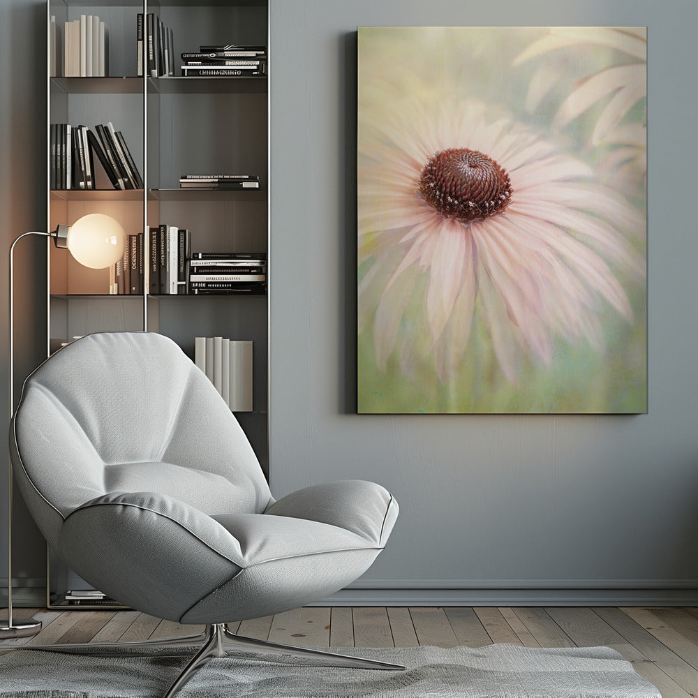 A soft-focus, artistic closeup of a pale pink coneflower with a prominent dark brown, textured center. The background is a dreamy, painterly blend of soft greens and yellows, giving the image an ethereal quality. Wall Art