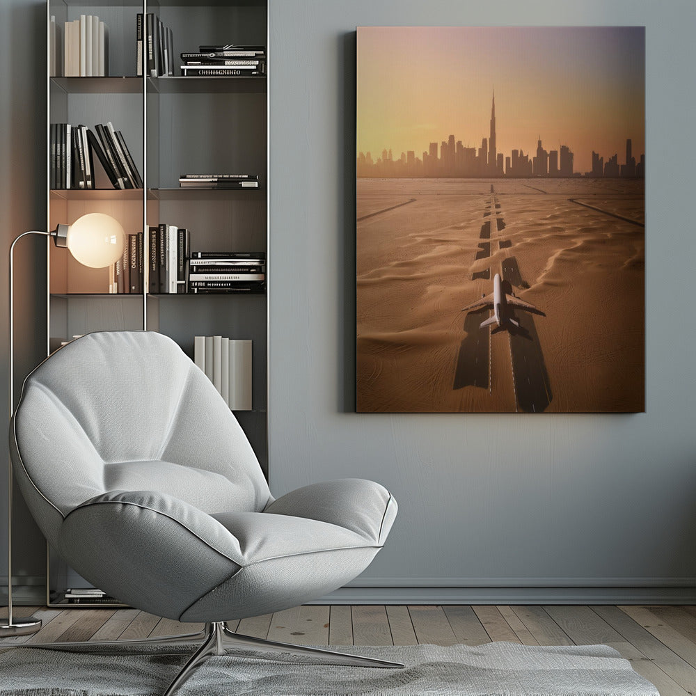 A surreal high-angle view of a white airplane on a runway partially buried in desert sand, pointing towards the Dubai city skyline during a hazy orange sunset. Decor