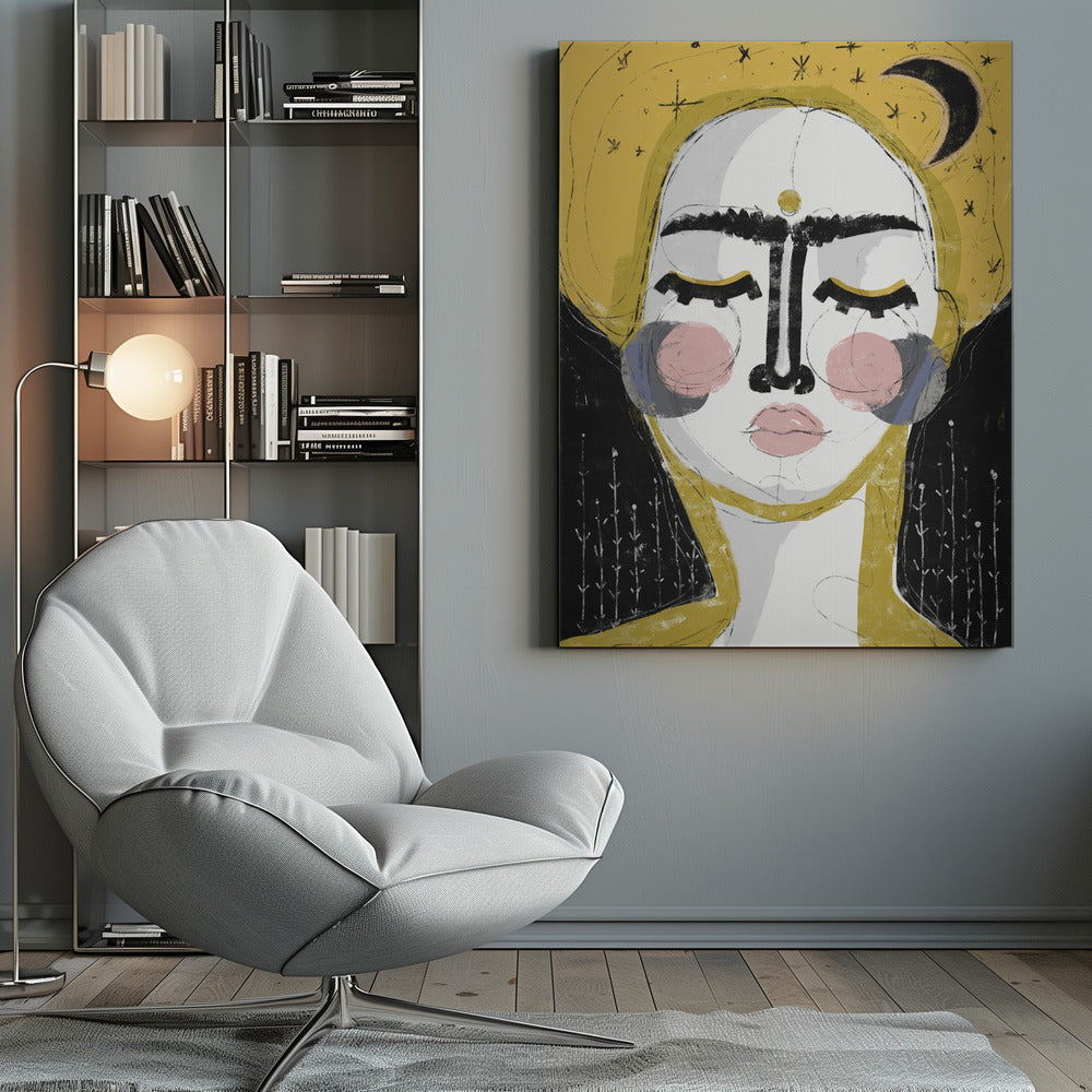 An abstract, framed painting of a serene face with closed eyes. The face is rendered in white with pink blush on the cheeks and bold, black lines for the unibrow and nose. A golden dot adorns the forehead. The background is a vibrant mustard yellow featuring a black crescent moon and simple star sketches. Wall Art
