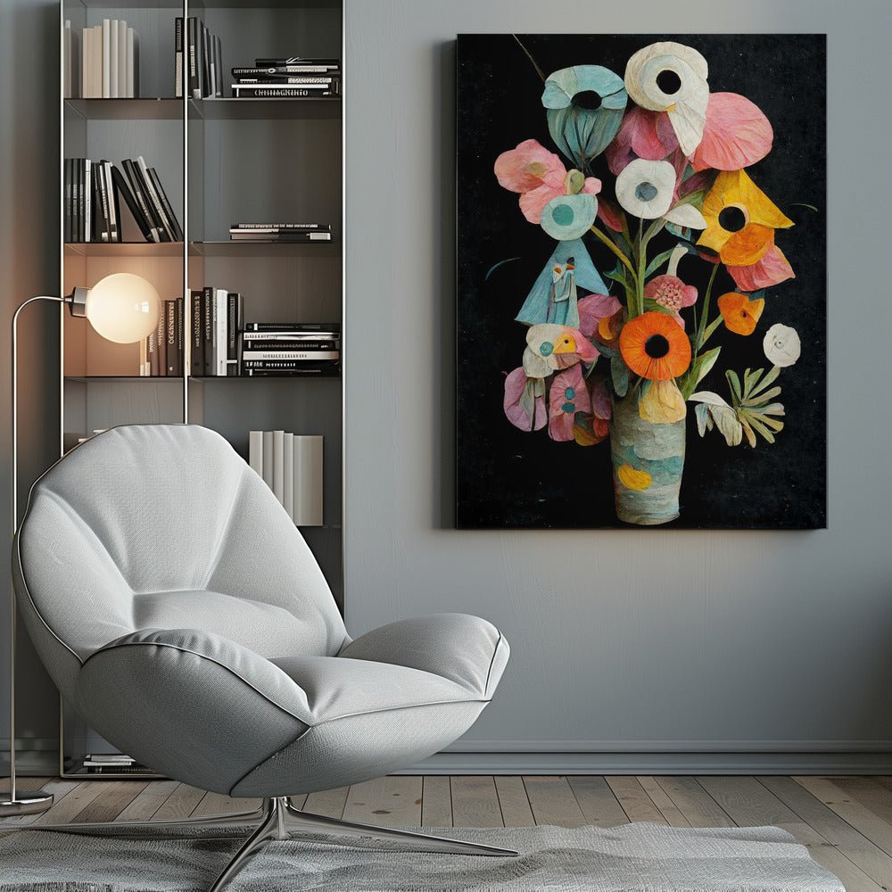 An abstract digital painting of a colorful bouquet of flowers in a textured vase against a solid black background. The flowers are stylized with a paper-cut or collage effect, featuring vibrant shades of pink, teal, orange, and white with prominent dark centers. Wall Art