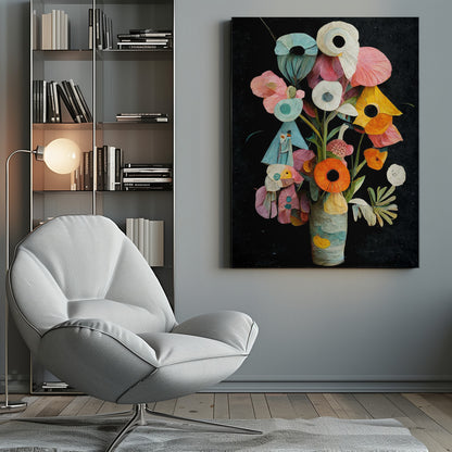 An abstract digital painting of a colorful bouquet of flowers in a textured vase against a solid black background. The flowers are stylized with a paper-cut or collage effect, featuring vibrant shades of pink, teal, orange, and white with prominent dark centers. Wall Art