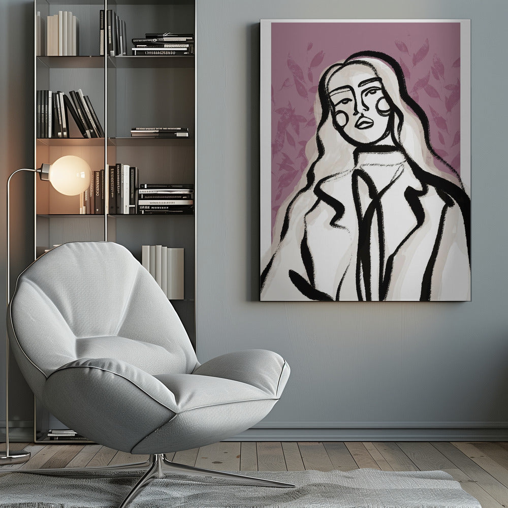 An abstract fashion illustration of a woman with long, wavy, light-colored hair, outlined in bold black brushstrokes. She wears a coat over a high-necked shirt, set against a dusty purple background with a faint leaf pattern. Wall Art
