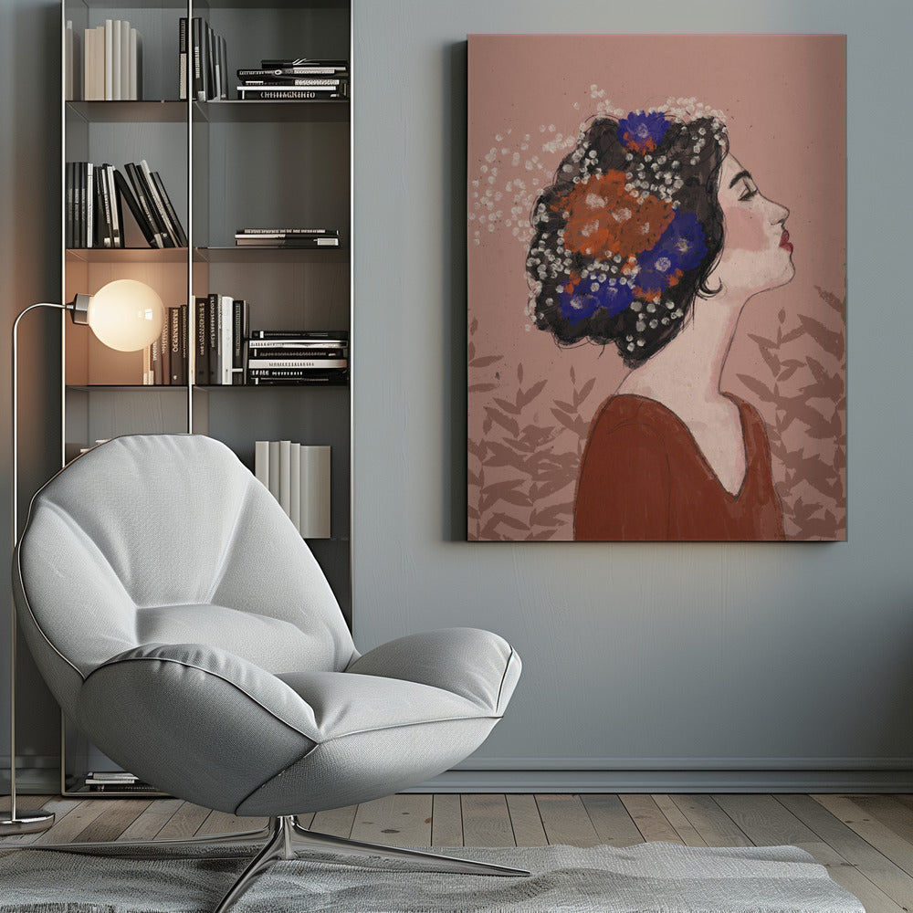 An illustrative portrait of a woman in profile with her head tilted back and eyes closed. Her dark, curly hair is adorned with vibrant orange, blue, and small white flowers. She is wearing a rust-colored top against a dusty pink background with a faint leaf pattern. Print