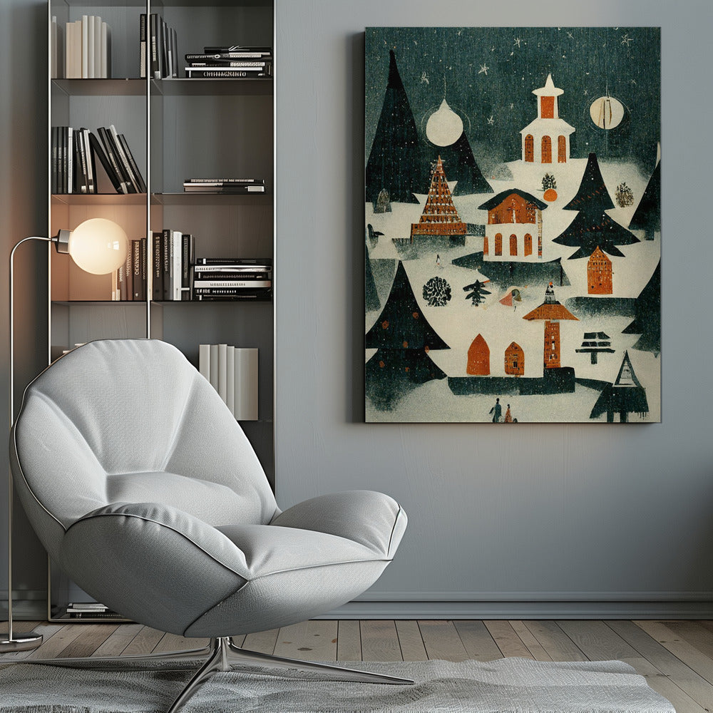 A vintage-style folk art illustration of a cozy Christmas village at night. The scene is covered in snow under a dark, starry sky, with stylized pine trees and quaint orange and white buildings, including a church. It is snowing lightly, and decorative orbs hang in the sky like moons. Artwork