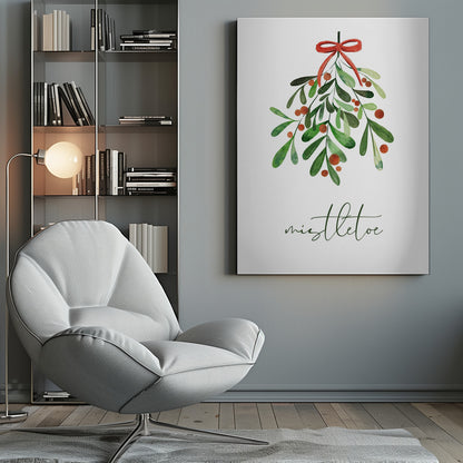A framed watercolor illustration of a sprig of mistletoe with green leaves and red berries, tied with a red bow. Below the plant, the word 'mistletoe' is written in a cursive script on a clean white background. Artwork