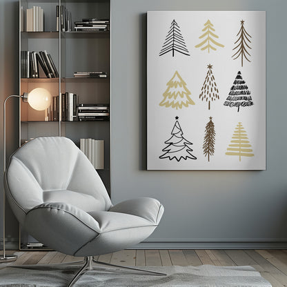 A minimalist art print featuring a grid of nine hand-drawn Christmas trees against a white background. The trees are depicted in various simple, stylized forms using black, gold, and brown colors. The entire piece is shown within a thin black frame. Artwork