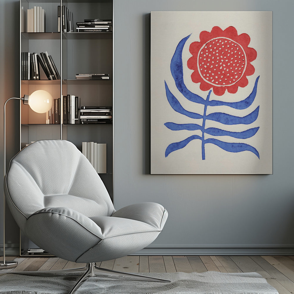 A stylized folk art painting of a flower featuring a large, round red bloom with white polka dots and bold blue leaves on a single stem. The illustration is set against a cream-colored background and enclosed in a thin black frame. Wall Art