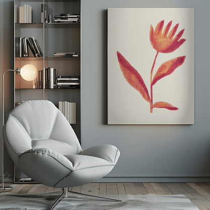 A framed art print featuring a stylized watercolor flower. The blossom, in shades of orange and red, resembles an open hand. It sits atop a simple stem with leaves against a cream background. Poster