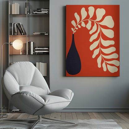 A minimalist graphic art print featuring a stylized cream-colored plant stem with large, rounded leaves, arching elegantly out of a dark navy blue teardrop-shaped vase, all set against a vibrant burnt orange background. Decor