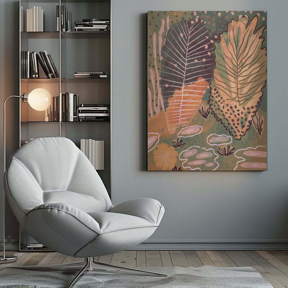 An abstract, vertical illustration of a botanical scene featuring two large, stylized leaves at the center. One leaf is dark green with white veins, while the other is a mix of yellow and light green. The background is a textured, darker green filled with various smaller, abstract plant forms in shades of pink, orange, and dark brown, all enclosed in a thin black frame. Poster