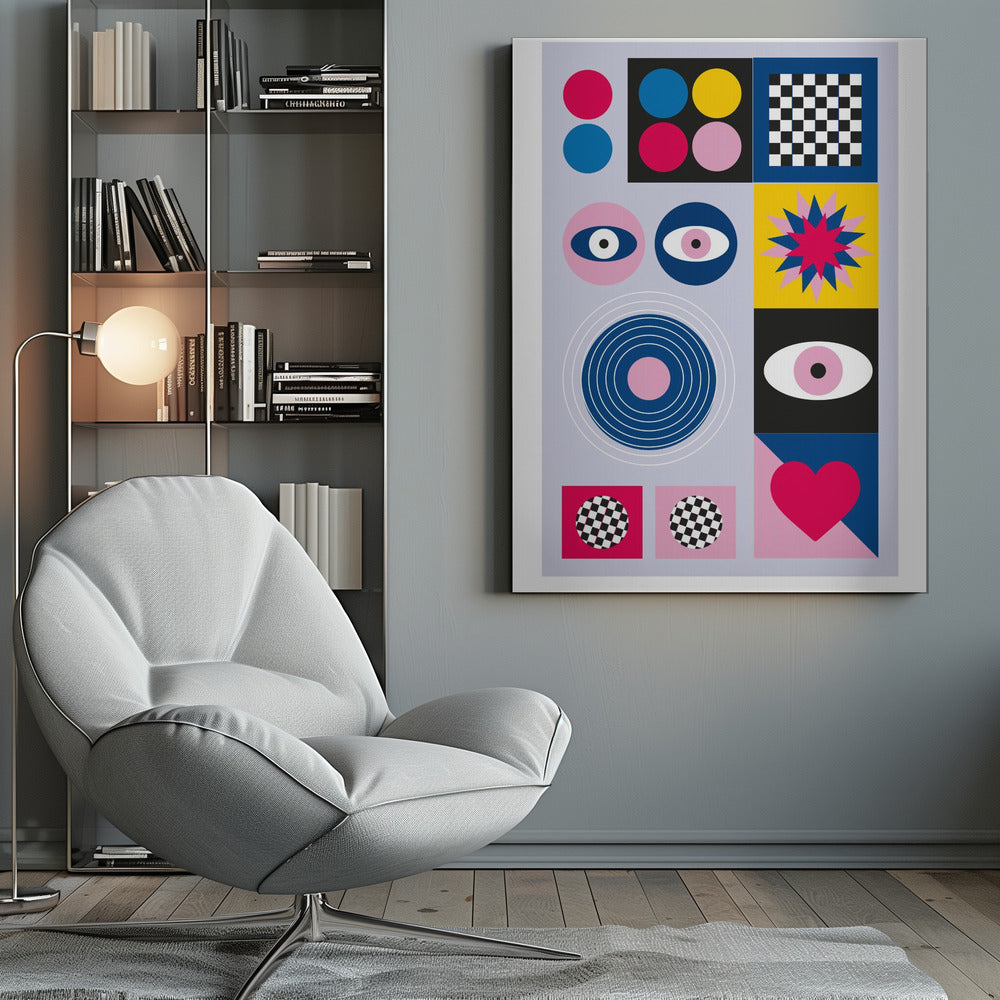 A modern abstract art print in a black frame, featuring a grid of colorful geometric shapes and symbols on a light blue background. The composition includes pink, blue, and yellow circles, a black and white checkerboard pattern, stylized eyes, concentric rings, a starburst, and a large pink heart. Wall Art