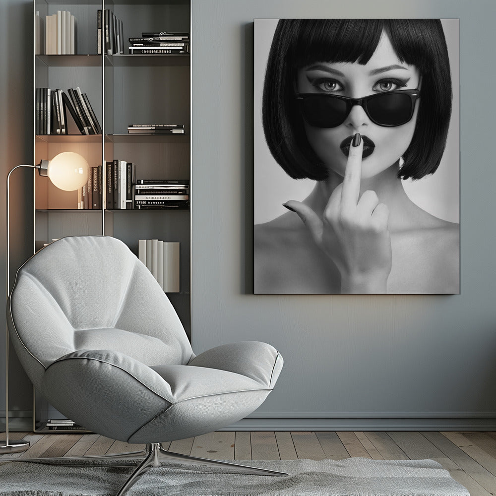 A striking black and white portrait of a woman with a sharp bob haircut, sunglasses, and bold makeup. She holds one finger with a black-painted nail up to her dark lips, making a 'shushing' gesture. Poster