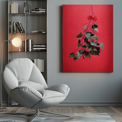 A festive illustration of a bunch of green holly with red berries hanging upside down, tied with a small red bow. The artwork is set against a solid, bright red background and enclosed in a thin black frame. Print