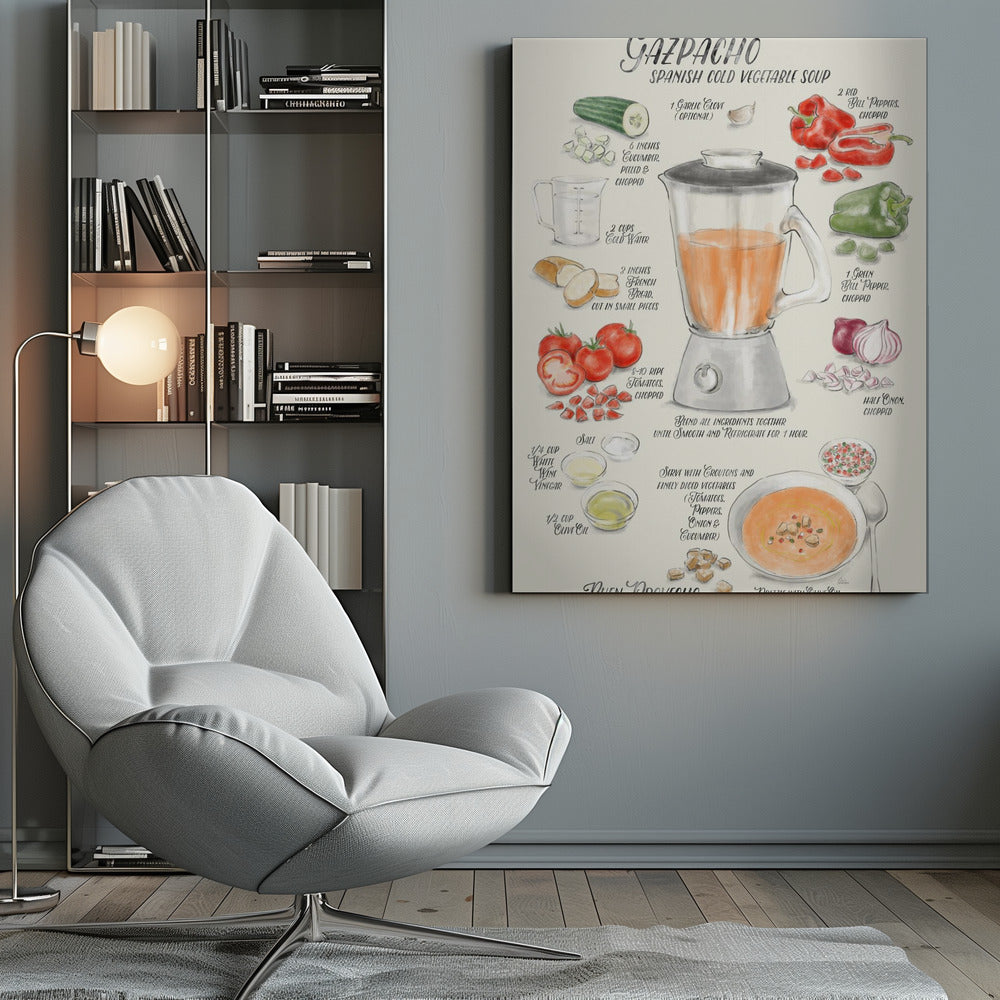 A vintage-style illustrated recipe poster for Gazpacho, a Spanish cold vegetable soup. The artwork, in a watercolor style, displays ingredients like tomatoes, peppers, cucumber, and onion around a central blender. The finished soup is shown in a bowl, garnished with croutons and drizzled with olive oil. All text is in a handwritten, calligraphic font. Wall Art