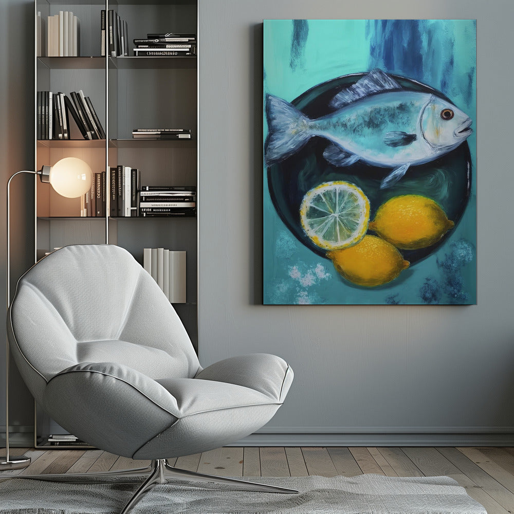 A vibrant still life painting of a silver fish on a dark plate, accompanied by two whole yellow lemons and a lemon slice, set against a painterly turquoise and blue background. Decor