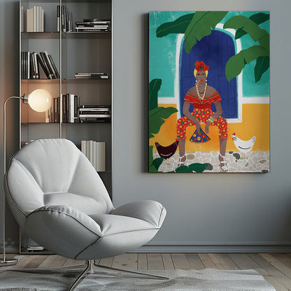 A vibrant, framed illustration of a stylish Black woman smoking a cigar. She sits in front of a blue door on a colorful turquoise and yellow building, wearing a red top, floral pants, and flowers in her hair. Two chickens stand at her feet on a cobblestone path, and large green leaves frame the scene. Decor