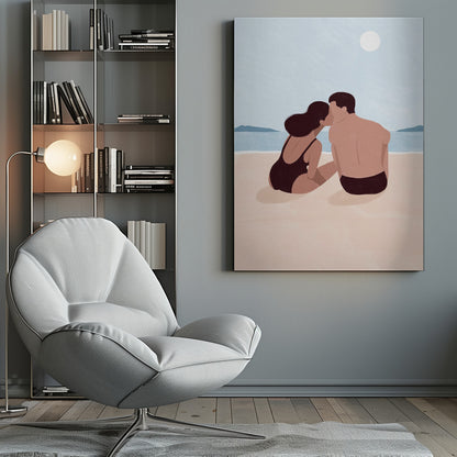 A minimalist illustration of a couple kissing on a sandy beach. The woman, with dark hair and a black swimsuit, and the man, with dark swim trunks, sit with their backs to the viewer, looking out at the calm blue ocean and distant hills under a pale sun. Print