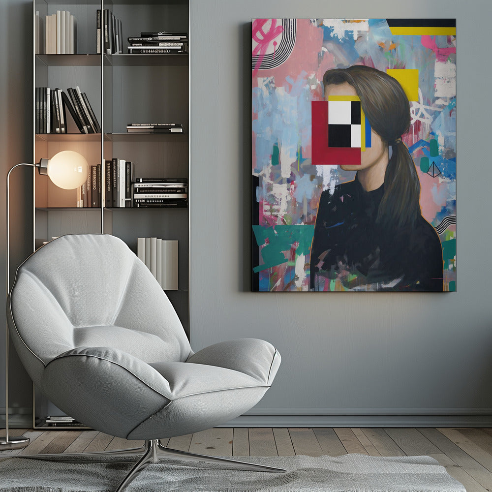 A modern abstract portrait of a woman in profile with her face obscured by a collage of red, yellow, blue, black, and white geometric shapes. She has brown hair in a ponytail and wears a black shirt, set against a vibrant, graffiti-style background of pink, blue, and teal brushstrokes. Decor