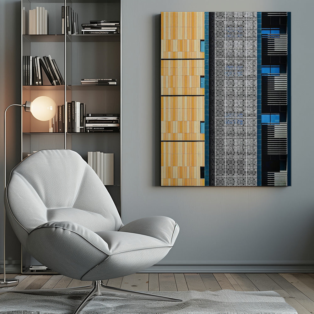 A vertical abstract architectural photograph showcasing the facade of a modern building, featuring a contrast of textures and colors: warm yellow vertical tiles on the left, an intricate white geometric screen in the center, and a dark section with vibrant blue windows on the right. Print