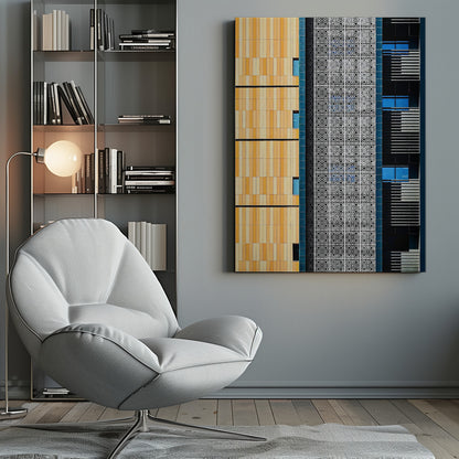 A vertical abstract architectural photograph showcasing the facade of a modern building, featuring a contrast of textures and colors: warm yellow vertical tiles on the left, an intricate white geometric screen in the center, and a dark section with vibrant blue windows on the right. Print