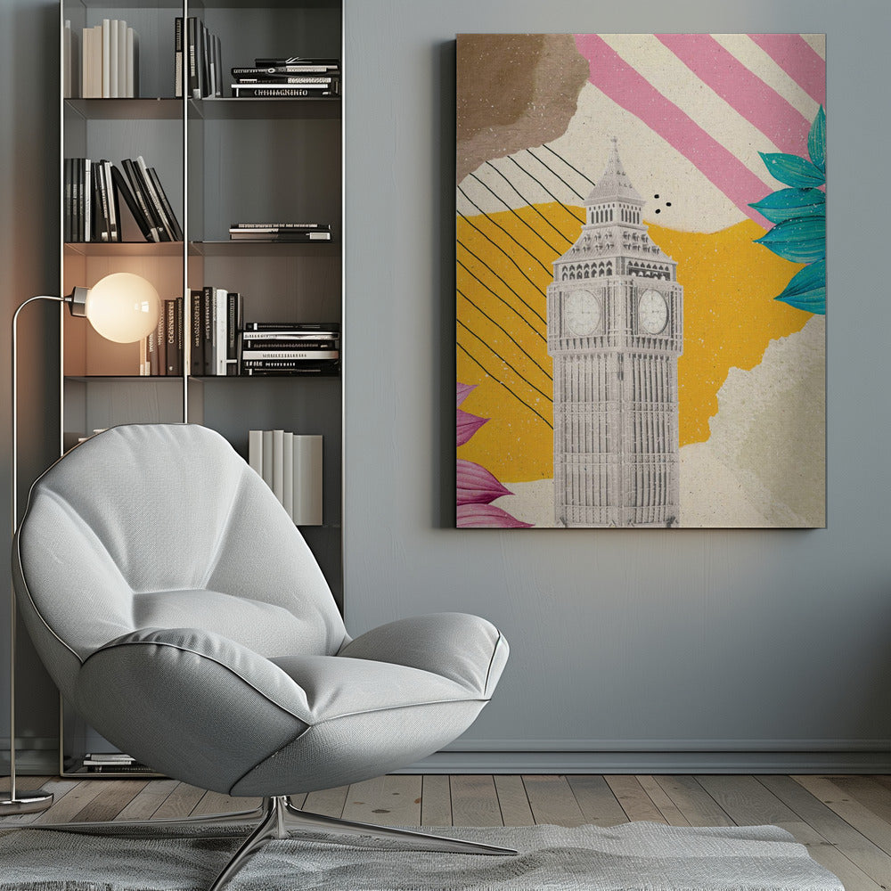 A modern art collage featuring a black and white cutout of London's Big Ben clock tower. The background is a mix of textures and patterns, including a mustard yellow section with black lines, pink and white diagonal stripes, and torn paper effects in brown and off-white. The composition is embellished with vibrant teal and pink leaves. Poster