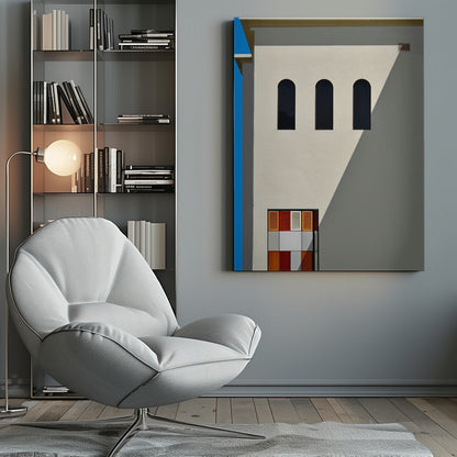 A minimalist photograph of a cream-colored building facade with a sharp diagonal shadow. Three black arched windows are arranged horizontally, and below them, a colorful grid of red, orange, and white panels. A vibrant blue vertical stripe is visible on the far left edge. Wall Art