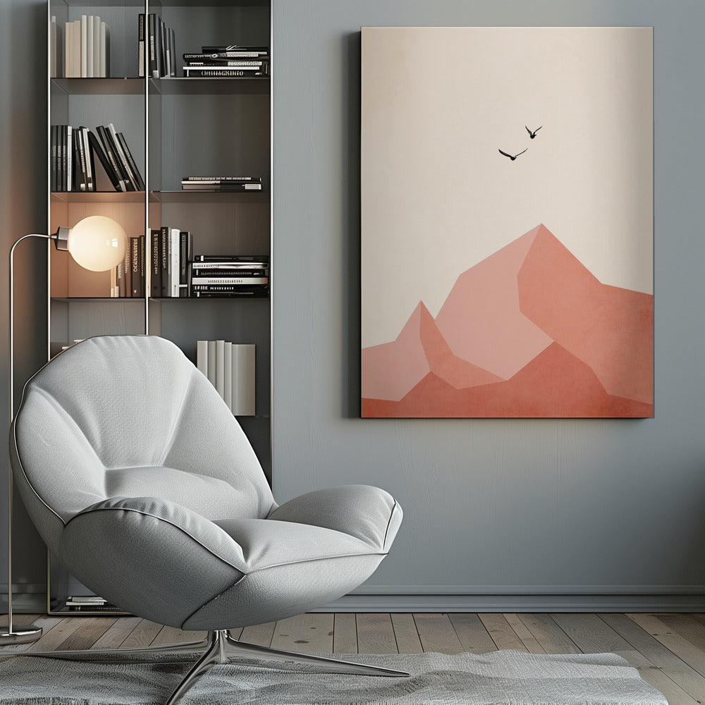 A minimalist framed artwork featuring geometric, faceted mountains in shades of pink and coral against a light cream sky. Two small black birds are shown flying above the peaks, creating a serene and modern nature scene. Wall Art