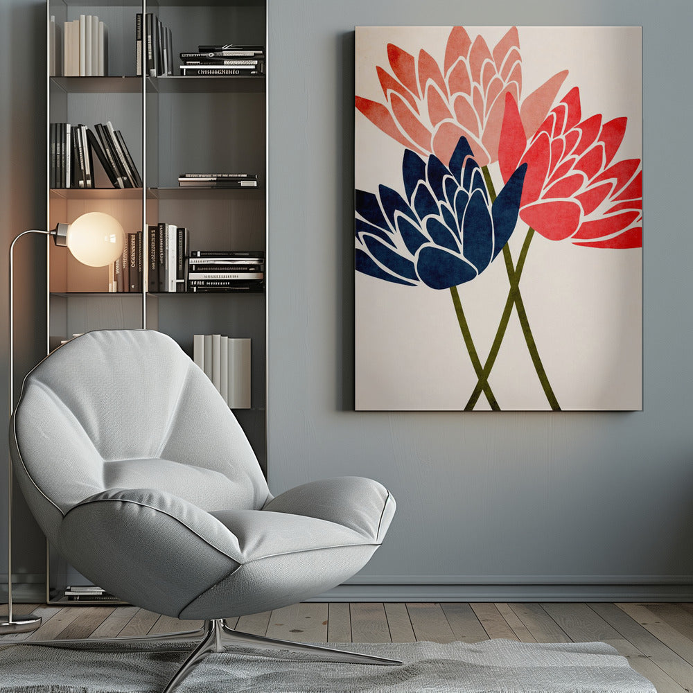 A modern graphic art print of three stylized flowers in navy blue, coral red, and salmon pink against a textured off-white background, all enclosed in a thin black frame. The flower petals have white outlines, and their dark green stems cross at the bottom. Artwork
