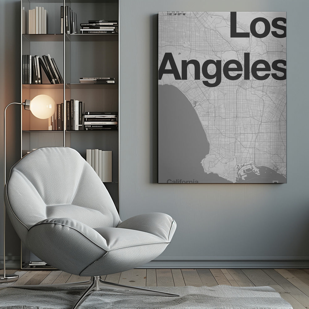 A minimalist black and white framed map of Los Angeles. The poster features a detailed street grid of the city and its coastline. The words 'Los Angeles' are overlaid in a large, bold, black sans-serif font. In the top-left corner are the coordinates, and in the bottom-left is the word 'California'. Decor