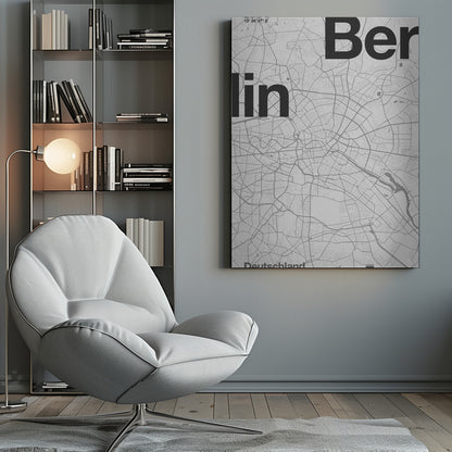 A minimalist, framed poster of a street map of Berlin, Germany. The map is rendered in shades of gray, with large, bold black text spelling 'Berlin' overlaid on the map. The city's coordinates and the word 'Deutschland' are also included in a clean, modern font. Wall Art