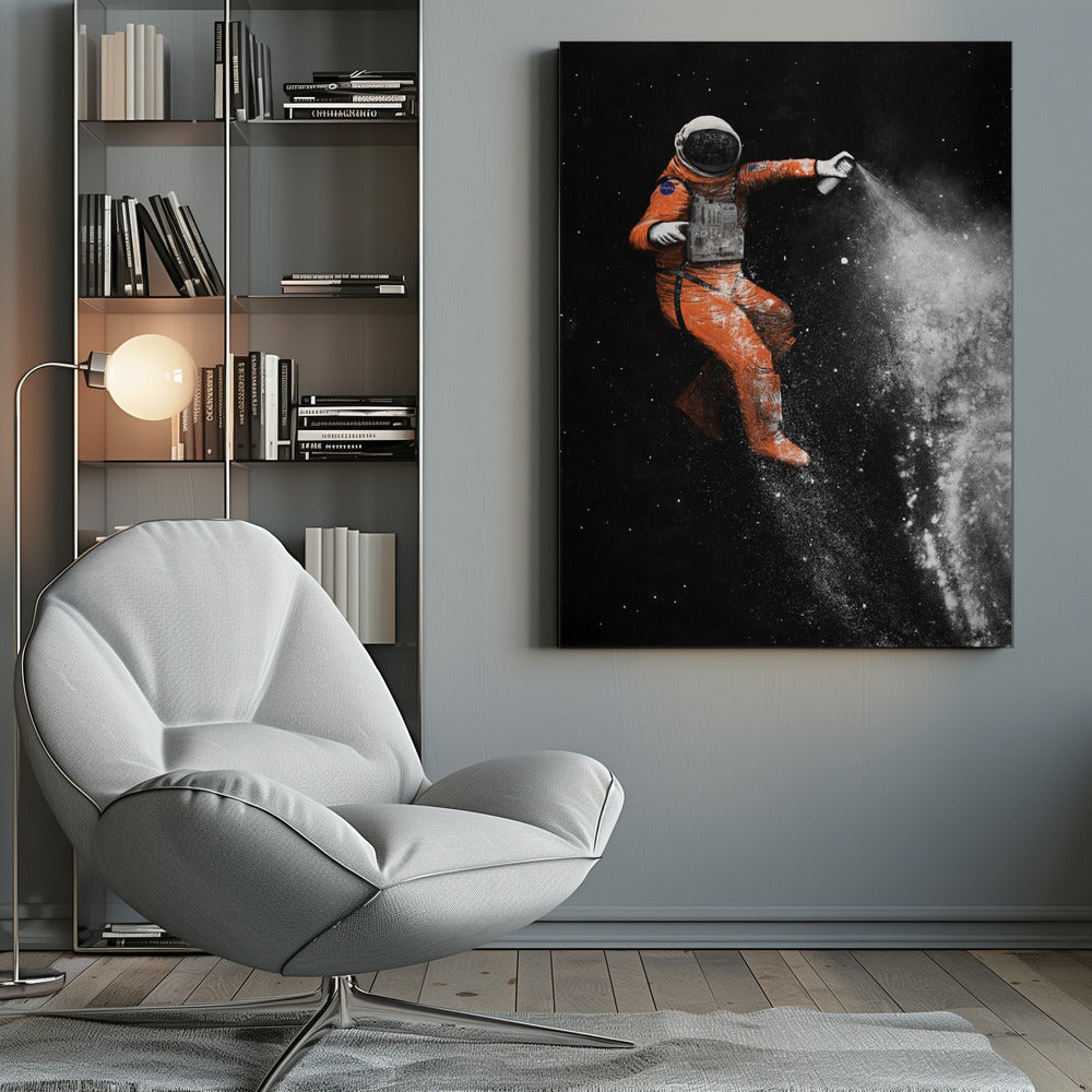 A surreal artwork of an astronaut in a vibrant orange spacesuit floating in black space, creating a galaxy with a white spray paint can. Print
